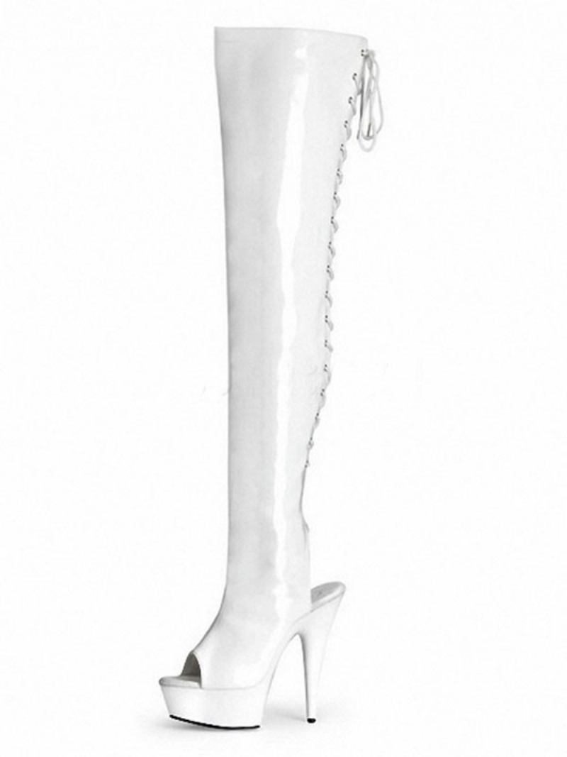 Sapatos Dança Pólo Feminino Sexy Estilingue Saltos Exóticos Rendas Até Botas Salto Alto - Branco
