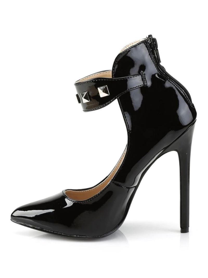 Sapatos Dança Pólo Mulheres Sexy Salto Alto Preto Apontou Toe Tornozelo Cinta Lantejoulas Stripper - Preto