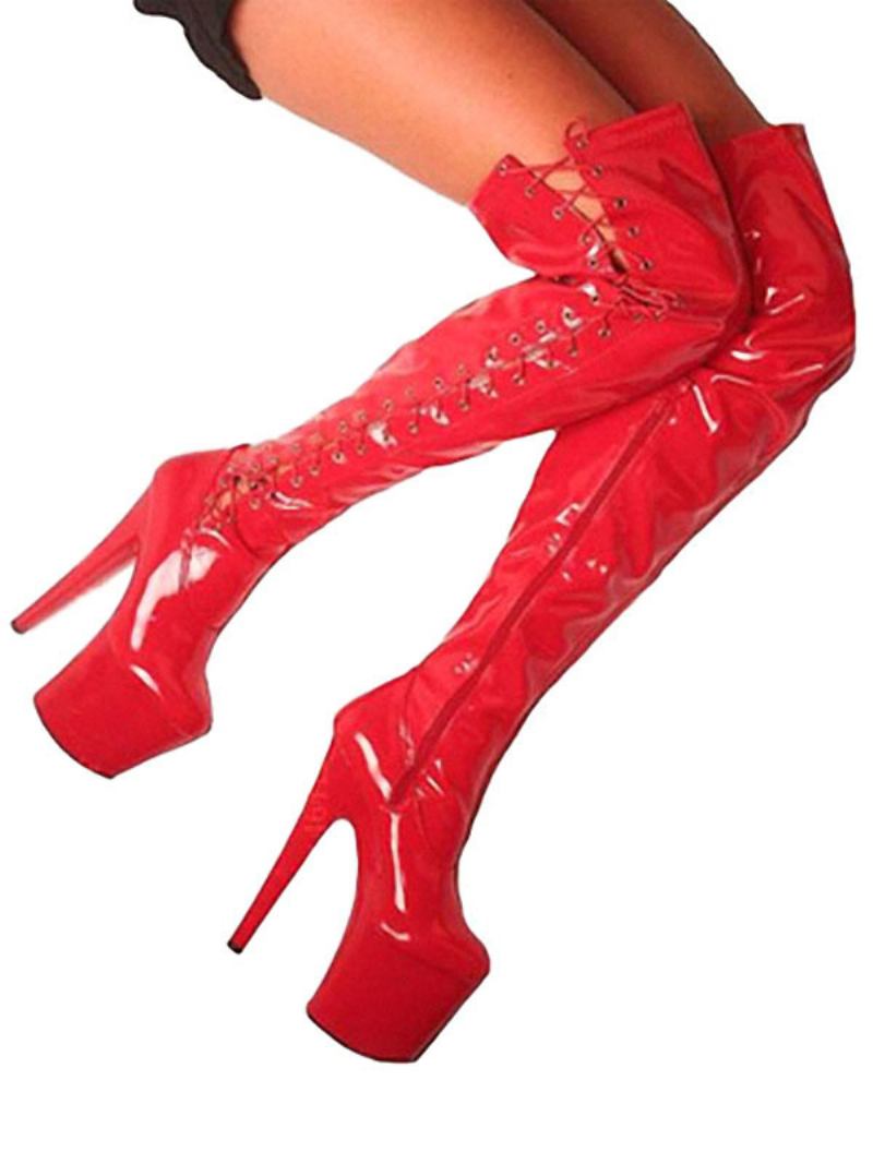 Sapatos Dança Poste Femininos Sexy Botas Salto Alto Dedo Do Pé Redondo Rendas Até Zíper Stiletto Rave Clube Vermelho Coxa Altas Stripper
