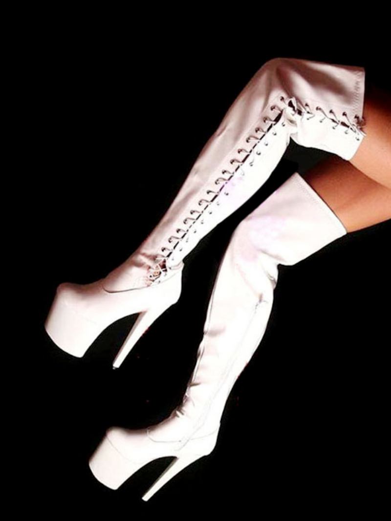 Sapatos Dança Poste Femininos Sexy Botas Salto Alto Dedo Do Pé Redondo Rendas Até Zíper Stiletto Rave Clube Vermelho Coxa Altas Stripper - Branco