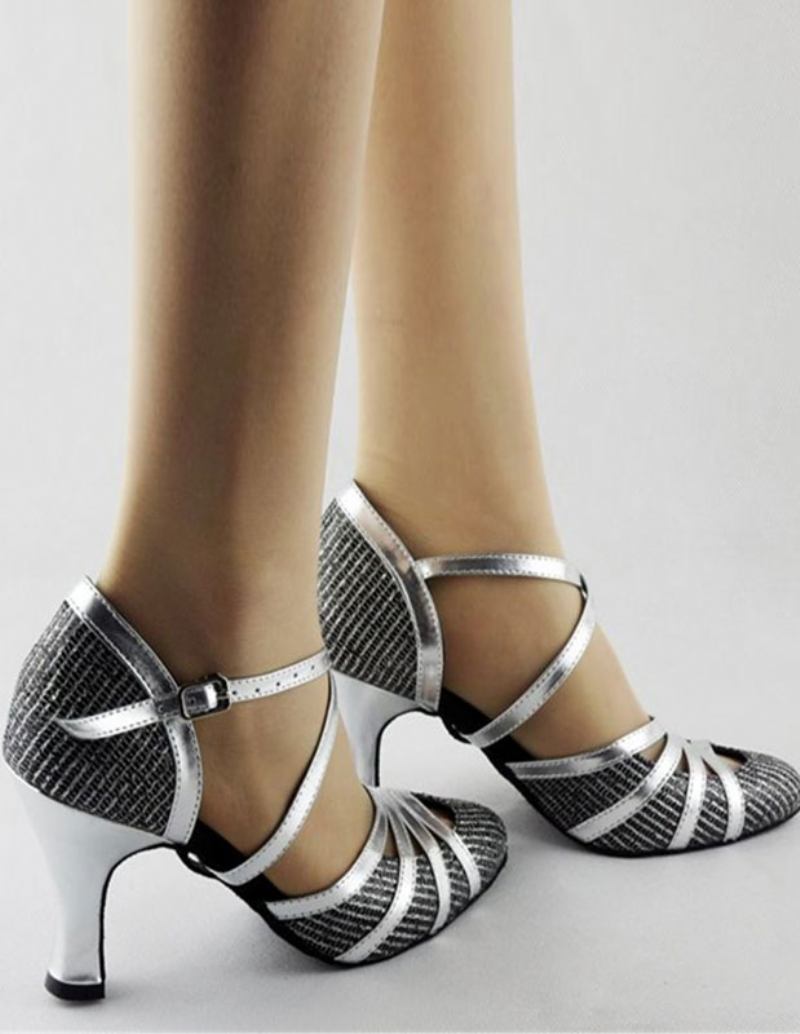 Sapatos Dança Salão Latina Mulheres Criss Cross Amêndoa Toe Salto Alto - Prata