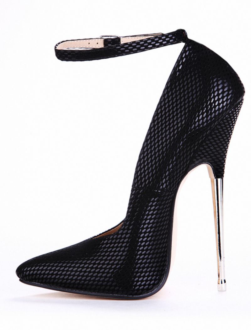 Sapatos Femininos Couro Preto Com Estampa Cobra E Tira No Tornozelo Bico Fino Sexy - Preto