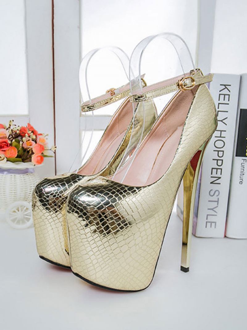 Sapatos Femininos Plataforma Sexy Com Salto Alto Prateado E Bico Quadrado - Ouro
