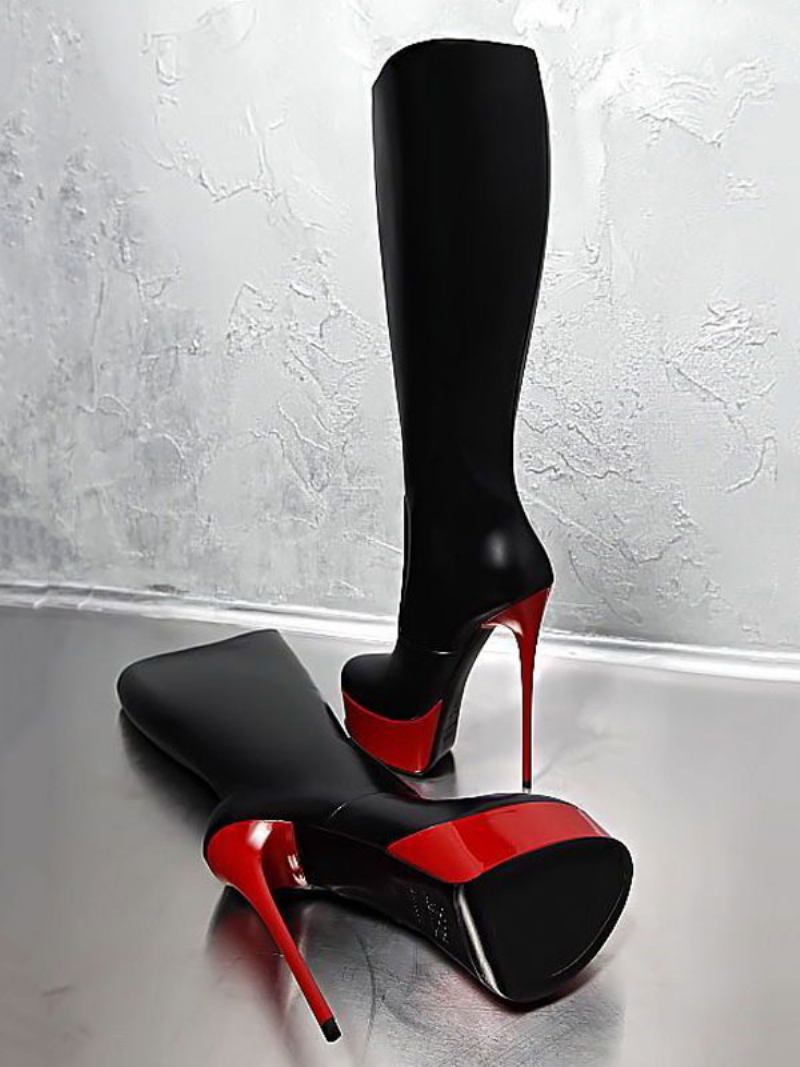 Sapatos Femininos Pretos Sexy Botas Salto Alto Plataforma Dedo Do Pé Redondo Meia Panturrilha Alta