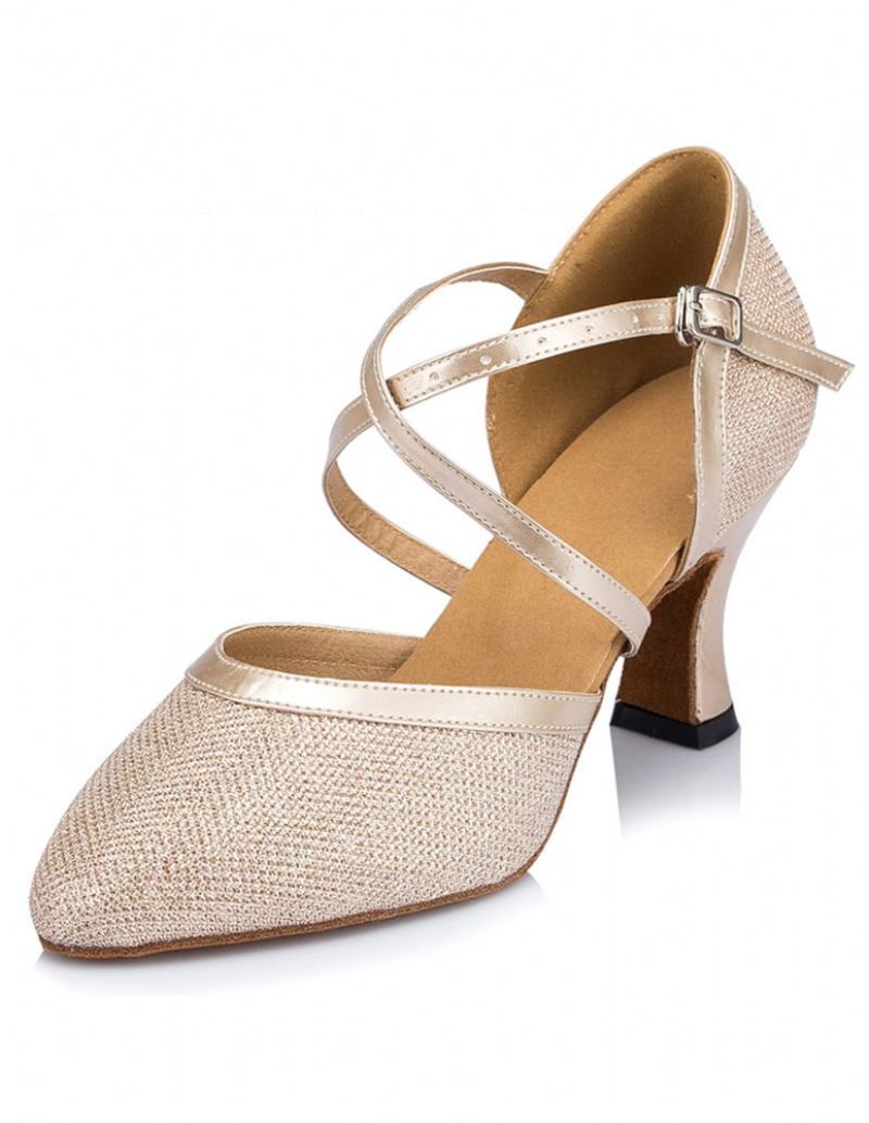Sapatos Femininos Salão Champanhe Com Glitter Dança Salsa Bico Ponteagudo Salto Alto Cruzado
