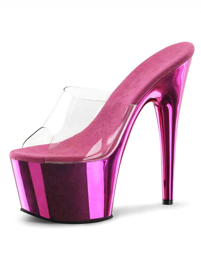 Sapatos Pole Dance Femininos Sexy Plataforma Metálica Salto Agulha Sandálias Mule - Rosa