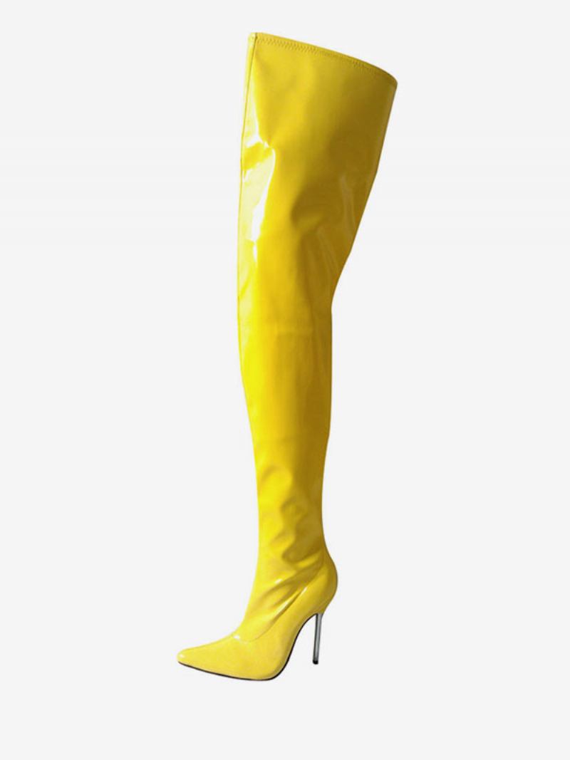Sapatos Vermelhos Sexy Femininos Bico Fino Salto Agulha Sobre O Joelho Botas Alto Coxa Altas - Amarelo