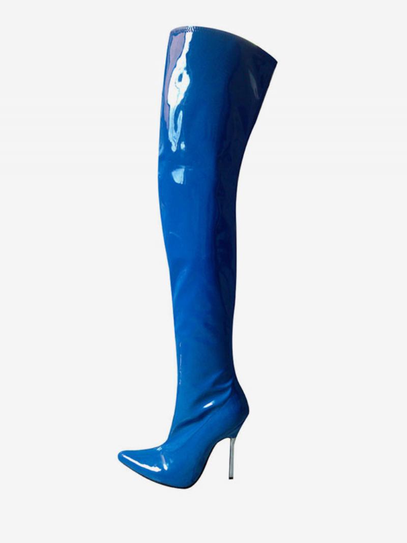 Sapatos Vermelhos Sexy Femininos Bico Fino Salto Agulha Sobre O Joelho Botas Alto Coxa Altas - Azul Profundo