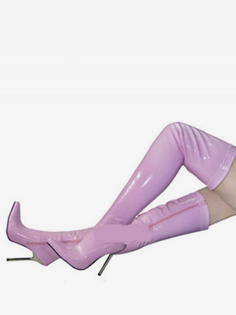 Sapatos Vermelhos Sexy Femininos Bico Fino Salto Agulha Sobre O Joelho Botas Alto Coxa Altas - Rosa