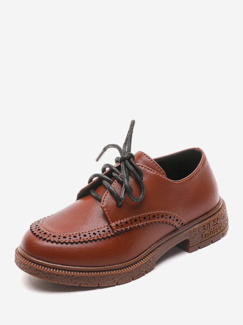 Sapatos Sociais Para Meninos Pretos Couro Pu Bico Redondo Com Cadarço Formais Festa - Café Marrom