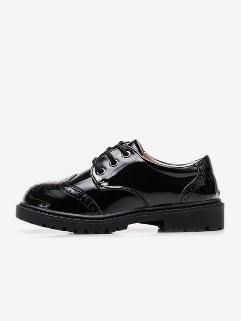 Sapatos Sociais Para Meninos Pretos Couro Pu Bico Redondo Com Cadarço Formais Festa - Preto
