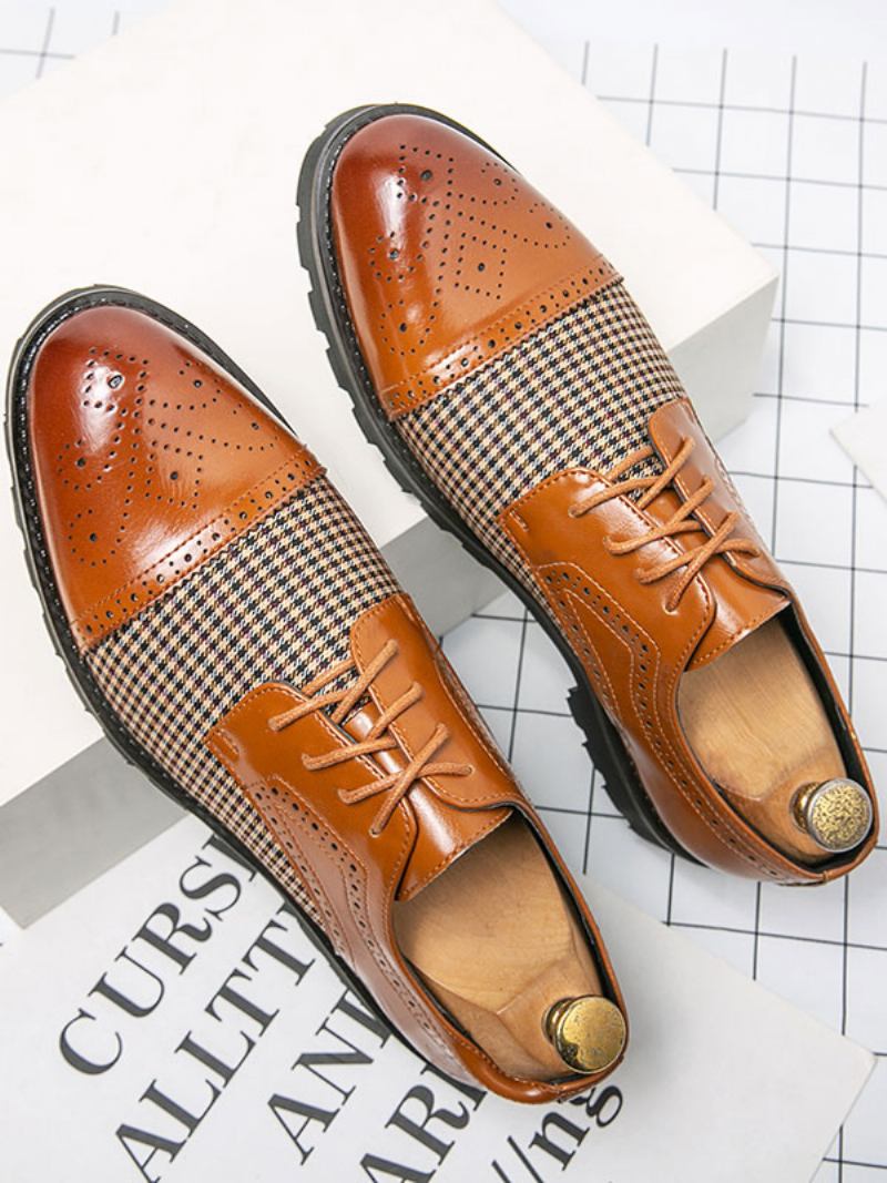 Sapatos Sociais Masculinos Elegantes Com Bico Redondo E Cadarço Em Couro Pu Oxford - Amarelo