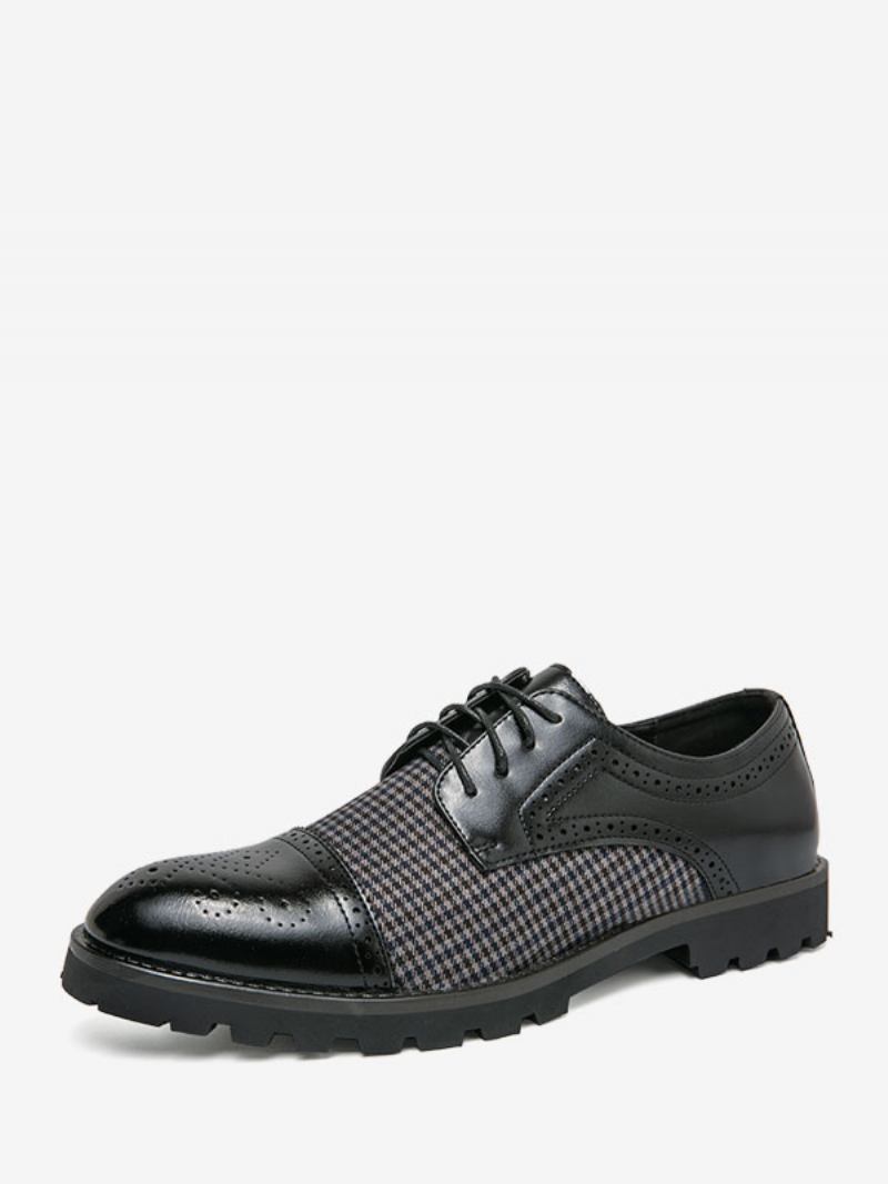 Sapatos Sociais Masculinos Elegantes Com Bico Redondo E Cadarço Em Couro Pu Oxford - Preto