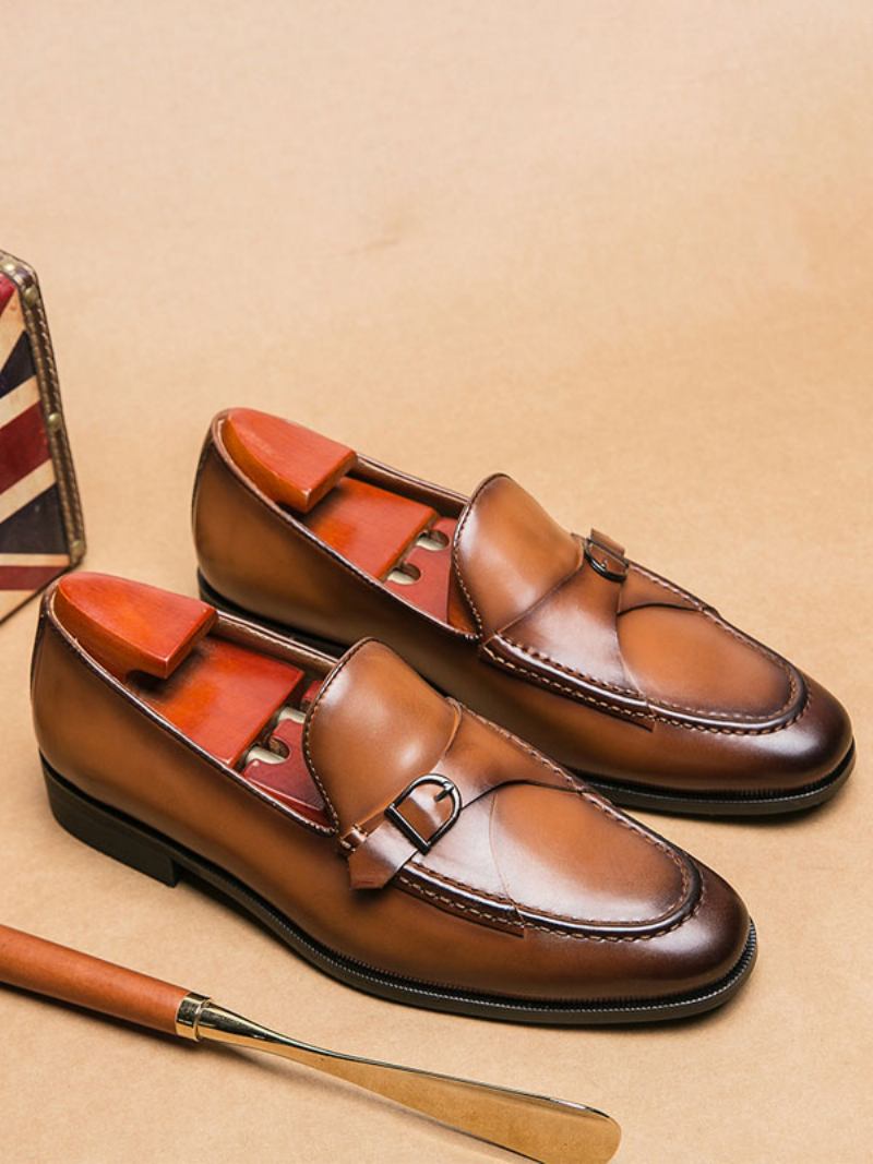 Sapatos Sociais Para Homens Elegantes Com Bico Redondo E Alça Monge Em Couro Pu - Café Marrom 