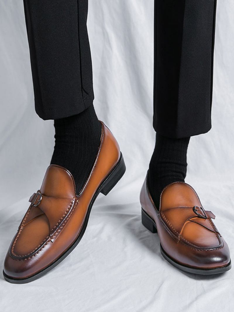 Sapatos Sociais Para Homens Elegantes Com Bico Redondo E Alça Monge Em Couro Pu - Café Marrom 