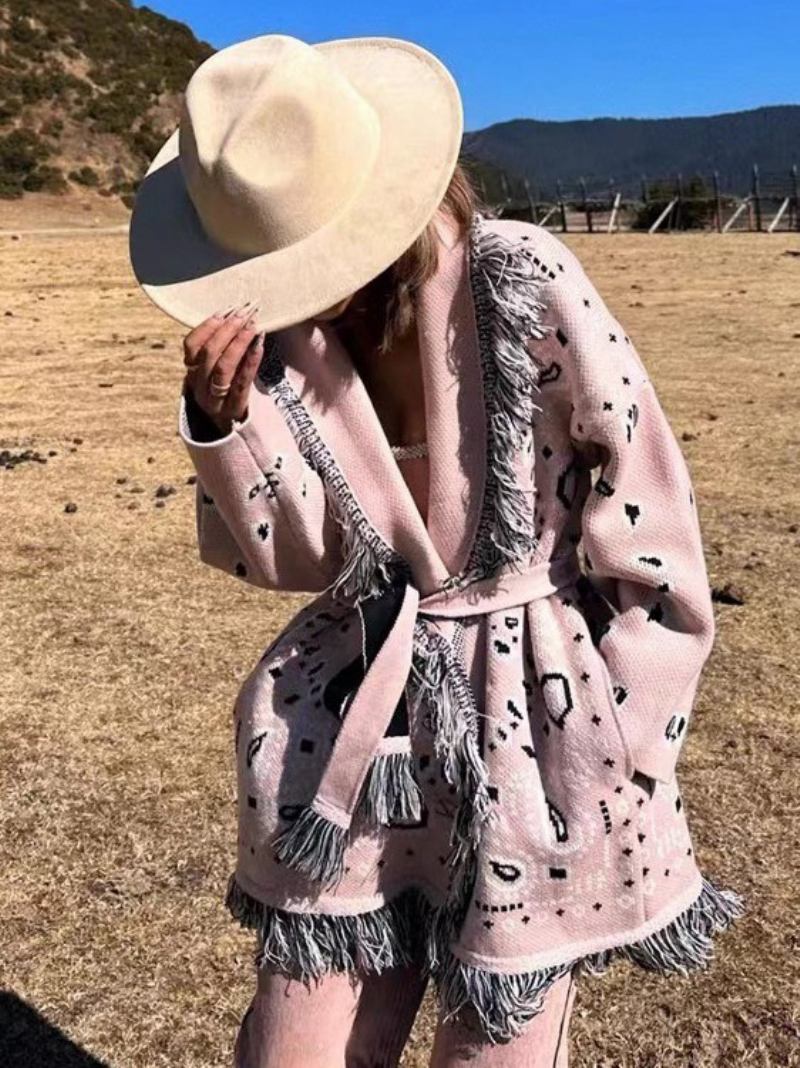 Cardigans Jacquard Femininos Inspirados Em Paisley Borla Guarnição Com Cinto Mistura Lã Boho Suéter - Rosa