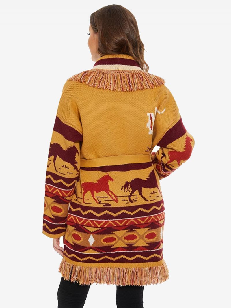 Cardigãs Femininos Jacquard Com Borla E Cinto Padrão Animal Mistura Lã Boho Suéter - Laranja