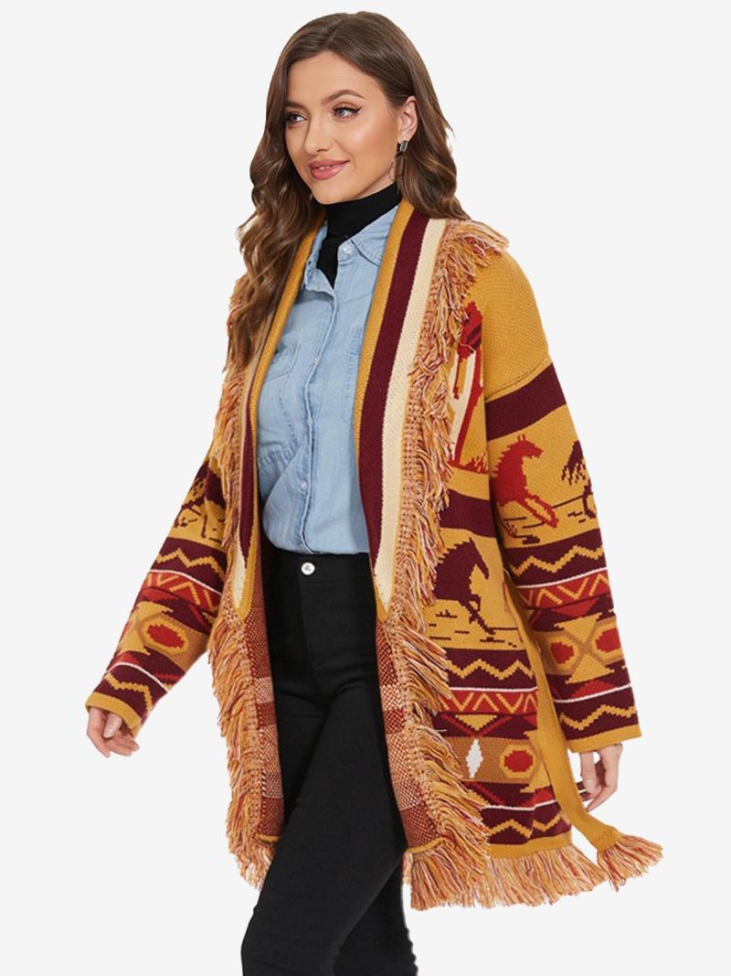 Cardigãs Femininos Jacquard Com Borla E Cinto Padrão Animal Mistura Lã Boho Suéter - Laranja