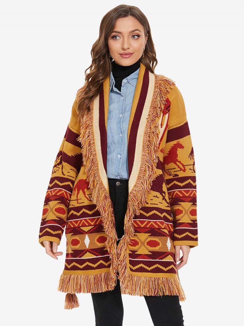 Cardigãs Femininos Jacquard Com Borla E Cinto Padrão Animal Mistura Lã Boho Suéter - Laranja