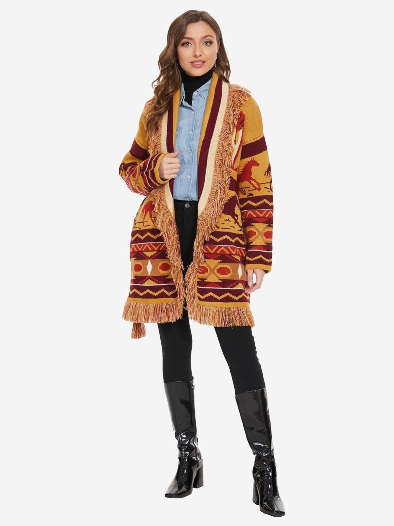 Cardigãs Femininos Jacquard Com Borla E Cinto Padrão Animal Mistura Lã Boho Suéter - Laranja