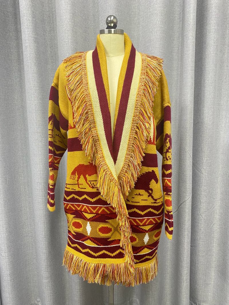 Cardigãs Femininos Jacquard Com Borla E Cinto Padrão Animal Mistura Lã Boho Suéter - Laranja