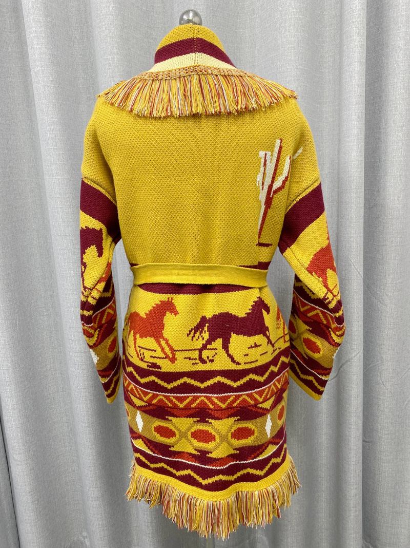 Cardigãs Femininos Jacquard Com Borla E Cinto Padrão Animal Mistura Lã Boho Suéter - Laranja
