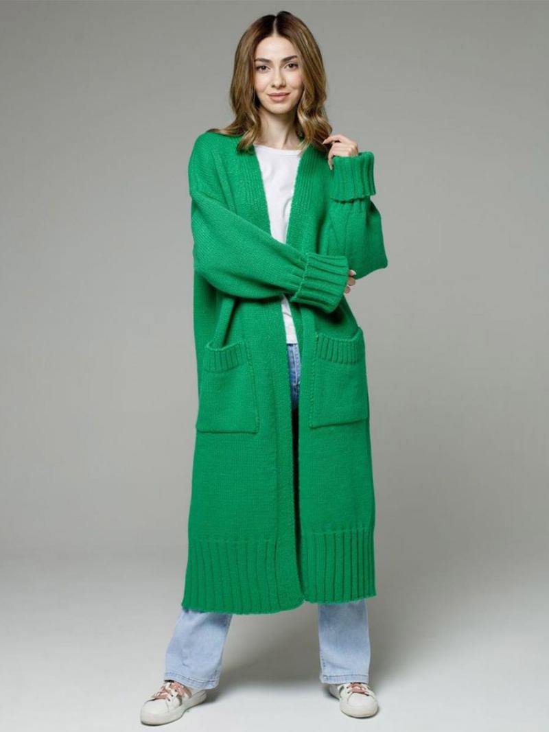 Longline Cardigan Mangas Compridas Ombro Caído Com Nervuras Suéter Feminino - Verde