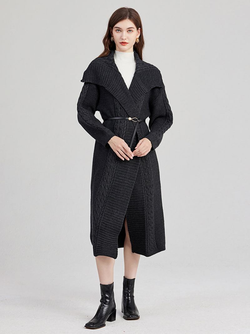 Wrap Cardigan Mangas Compridas Cabo Malha Longline Suéter Para Mulheres - Cinza Profundo