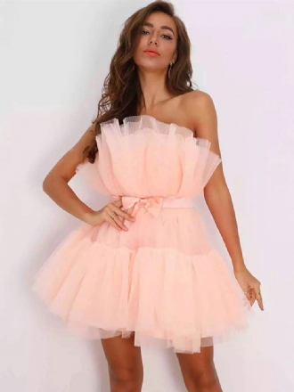 Minivestidos Femininos Tule Sem Alças Plissados Mangas Costas Nuas Vestido Em Camadas