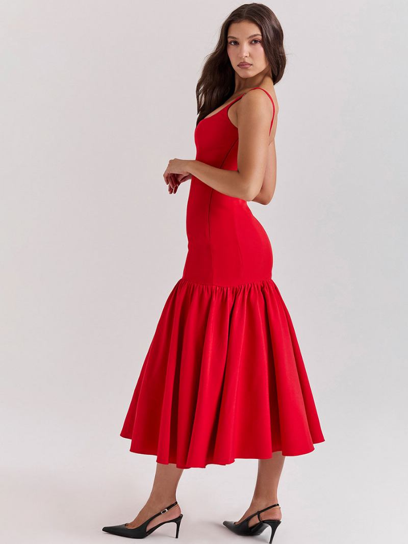 Vestido Bodycon Feminino Com Decote Quadrado Costas Nuas Babados Festa Baile Vestidos Maxi - Vermelho