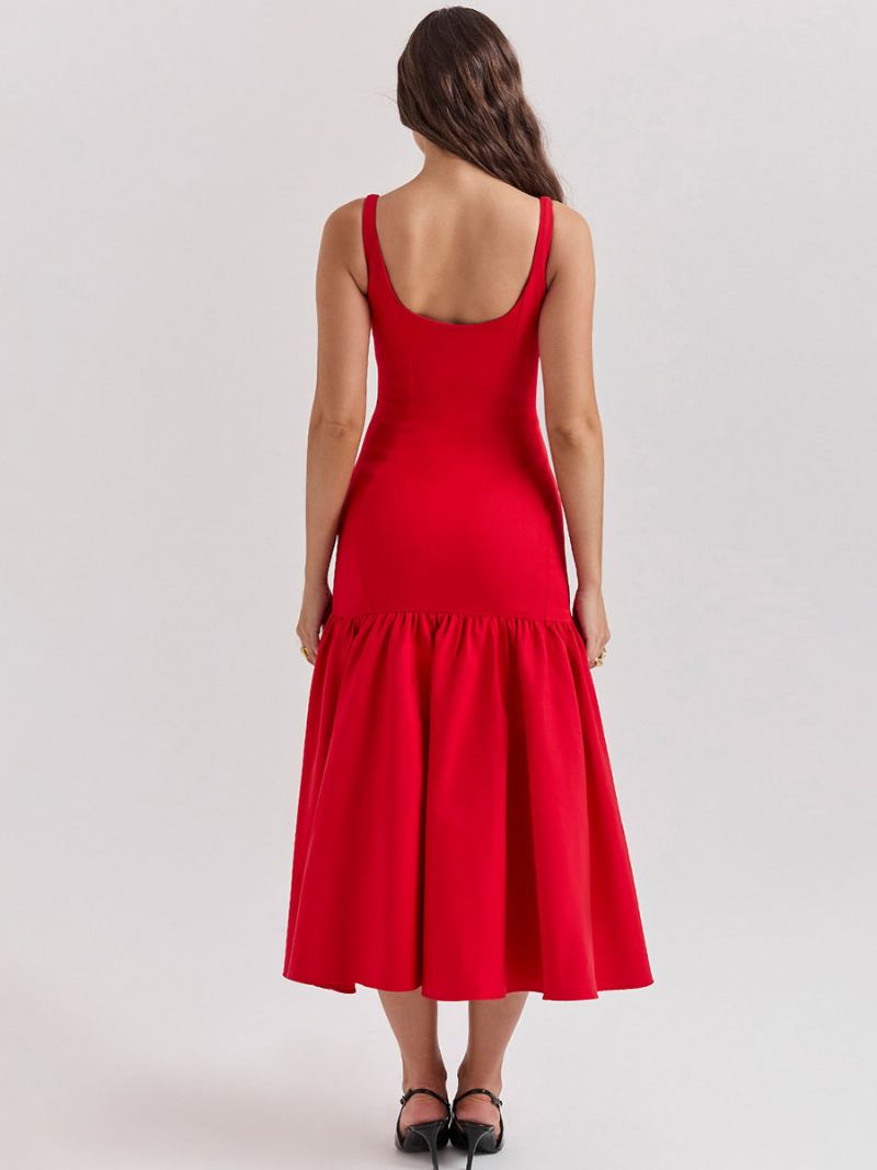 Vestido Bodycon Feminino Com Decote Quadrado Costas Nuas Babados Festa Baile Vestidos Maxi - Vermelho