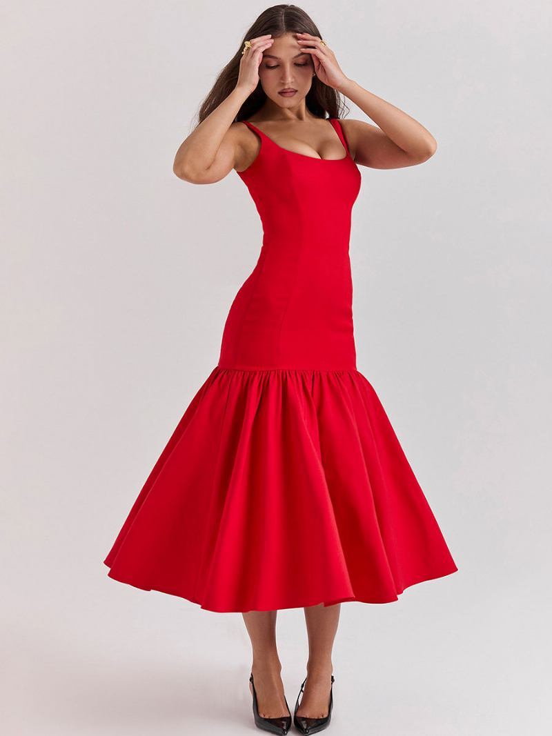 Vestido Bodycon Feminino Com Decote Quadrado Costas Nuas Babados Festa Baile Vestidos Maxi - Vermelho