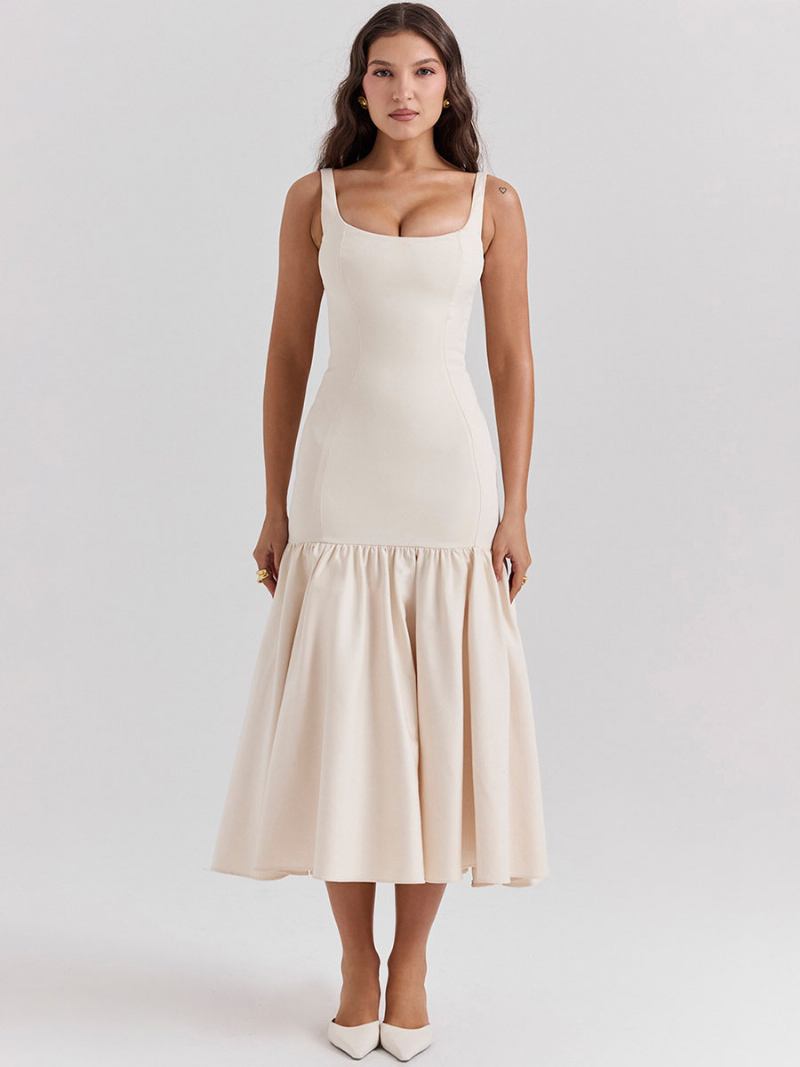 Vestido Bodycon Feminino Com Decote Quadrado Costas Nuas Babados Festa Baile Vestidos Maxi - Branco