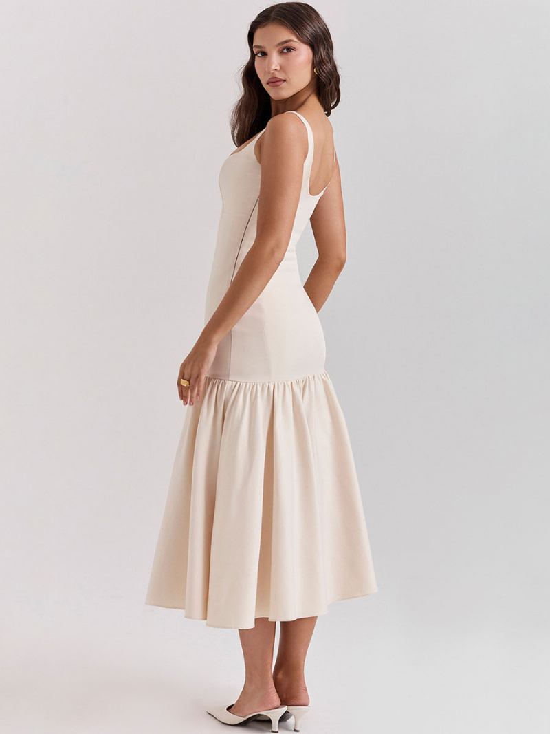 Vestido Bodycon Feminino Com Decote Quadrado Costas Nuas Babados Festa Baile Vestidos Maxi - Branco