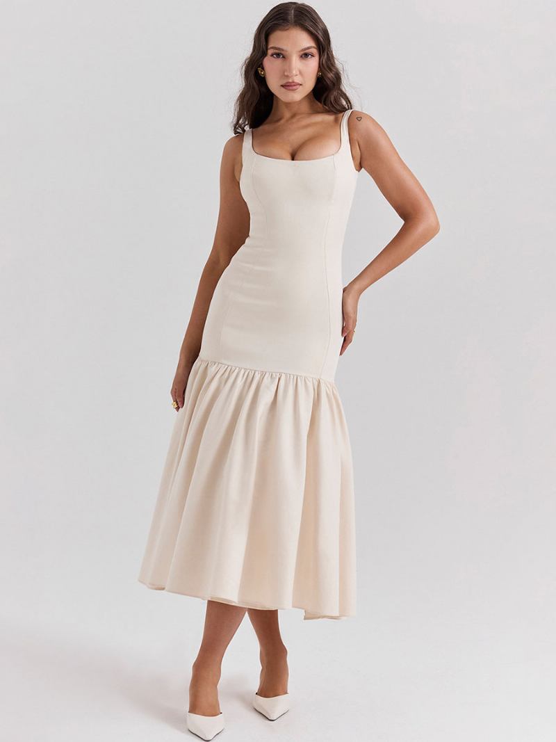 Vestido Bodycon Feminino Com Decote Quadrado Costas Nuas Babados Festa Baile Vestidos Maxi - Branco