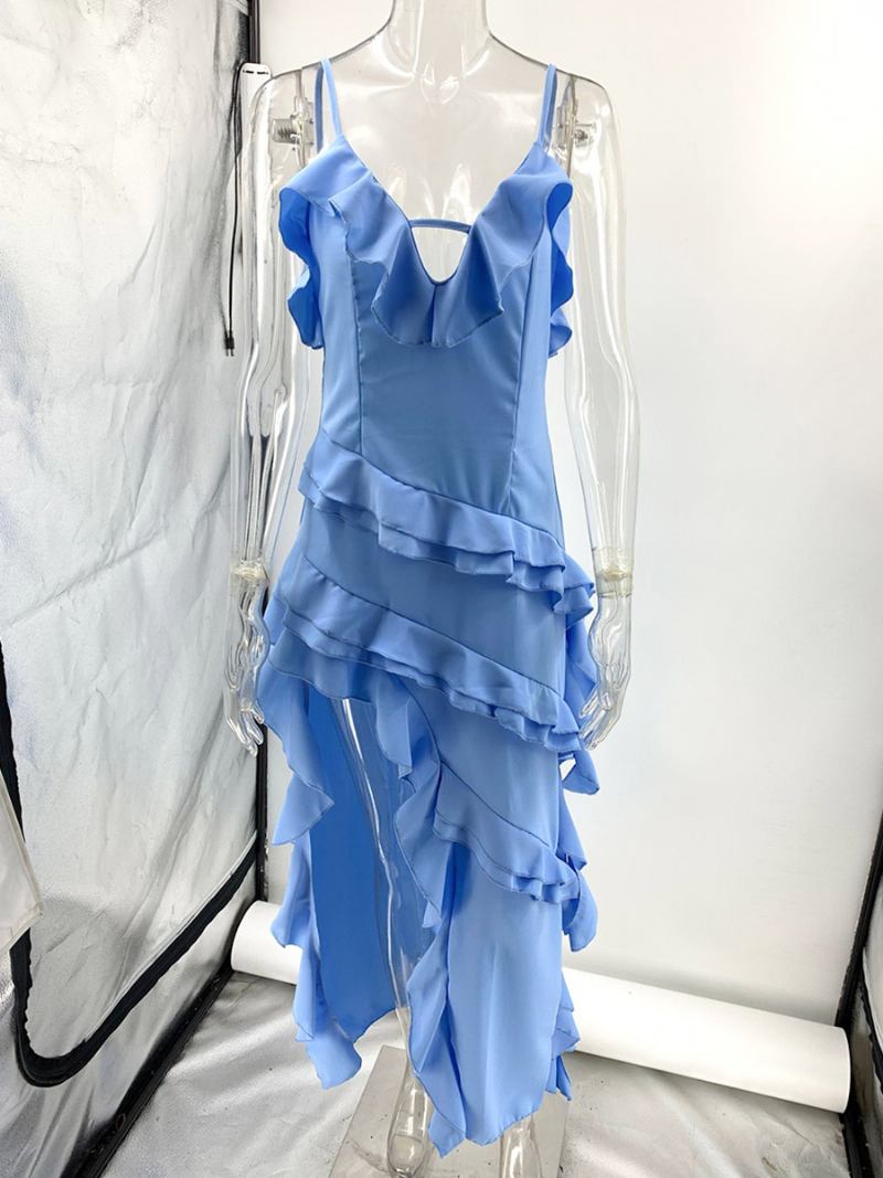 Vestido Feminino Azul Celeste Com Babados Irregulares Recortado Vestidos Maxi Alto-baixo - Azul Céu Claro