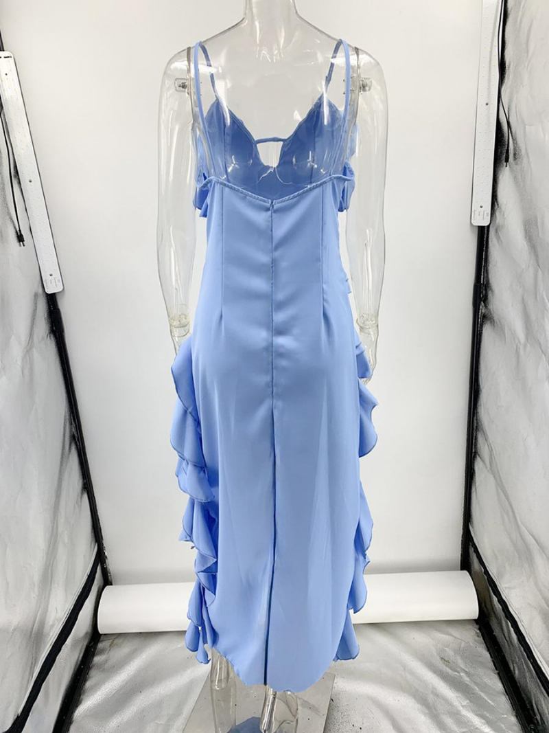 Vestido Feminino Azul Celeste Com Babados Irregulares Recortado Vestidos Maxi Alto-baixo - Azul Céu Claro