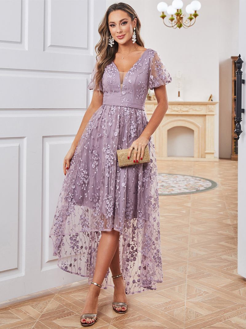 Vestido Feminino Bordado Roxo Floral Mangas Curtas Em Camadas Vestidos Maxi Irregulares - Roxo