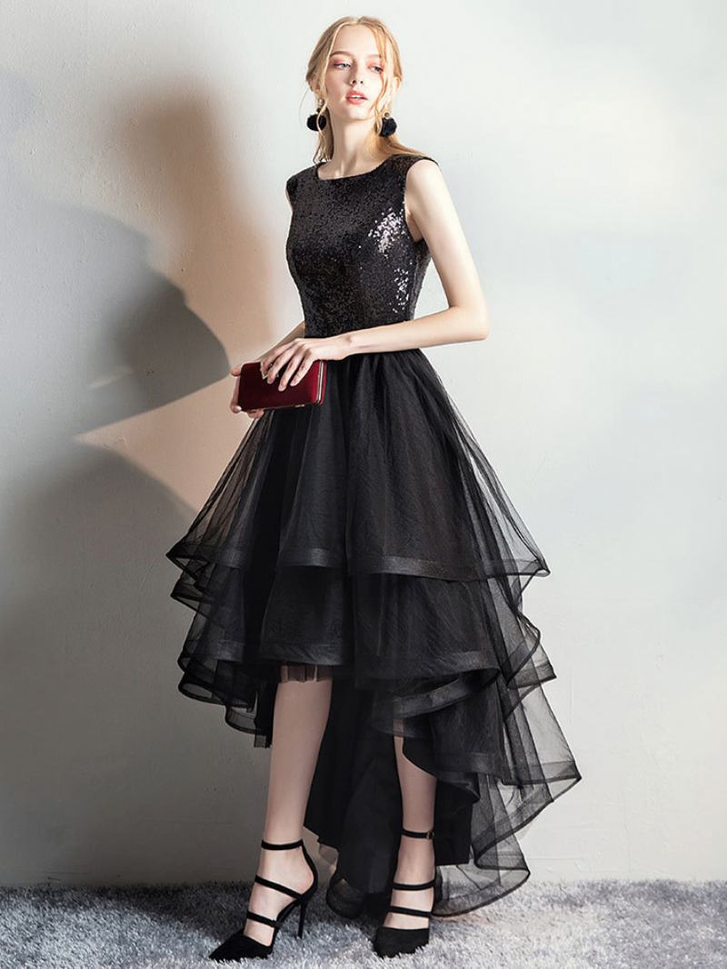 Vestido Feminino Em Camadas Tule Com Gola Canoa Sem Mangas Lantejoulas Vestidos Maxi Baile - Preto