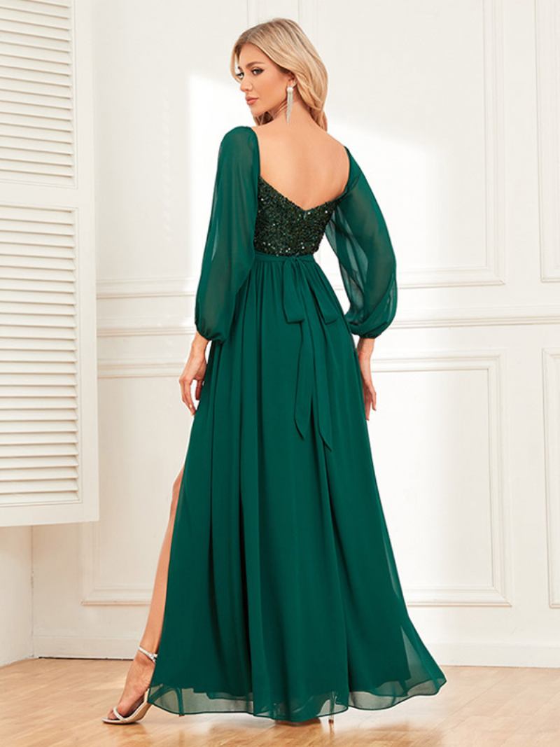Vestido Feminino Lantejoulas Com Ombro Fora Costas Nuas Fenda Alta Coquetel Baile Vestidos Maxi - Verde Escuro