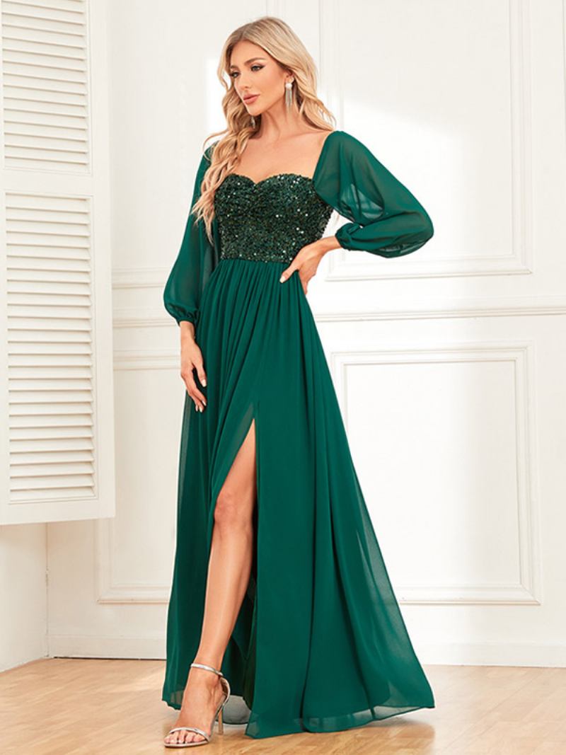 Vestido Feminino Lantejoulas Com Ombro Fora Costas Nuas Fenda Alta Coquetel Baile Vestidos Maxi - Verde Escuro