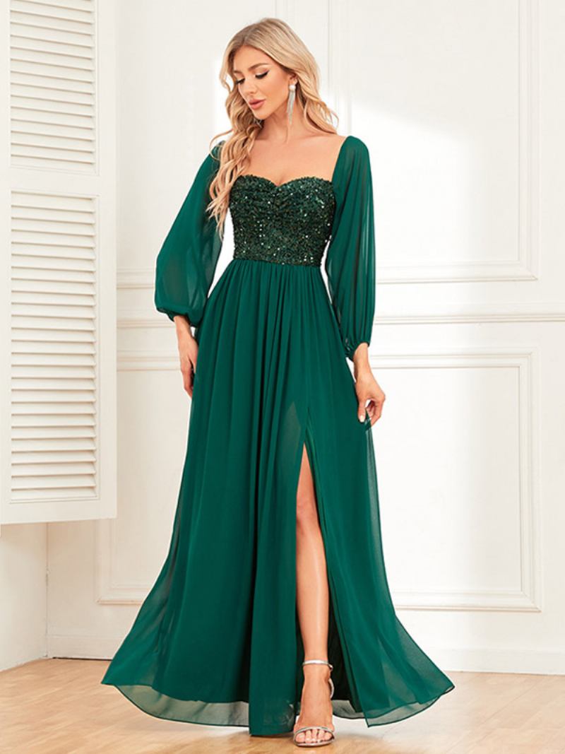Vestido Feminino Lantejoulas Com Ombro Fora Costas Nuas Fenda Alta Coquetel Baile Vestidos Maxi - Verde Escuro