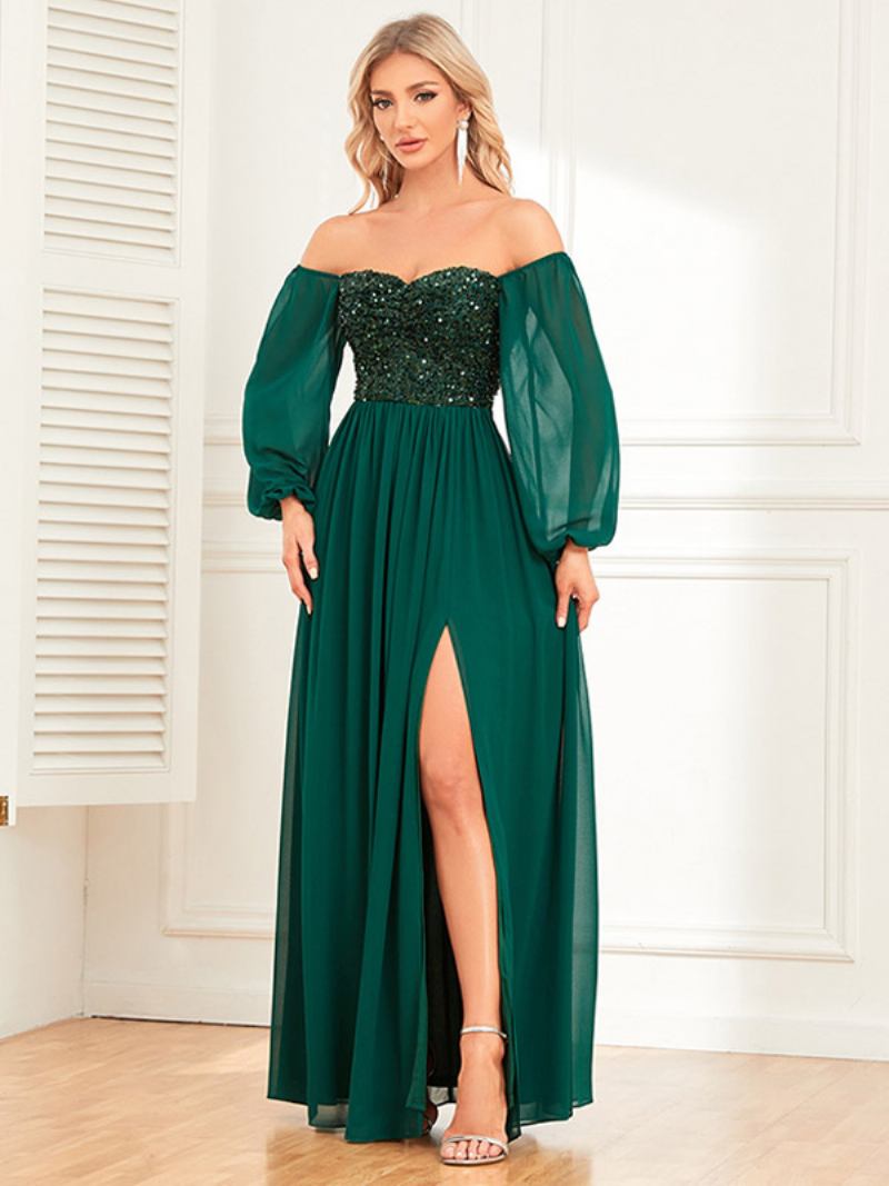 Vestido Feminino Lantejoulas Com Ombro Fora Costas Nuas Fenda Alta Coquetel Baile Vestidos Maxi - Verde Escuro