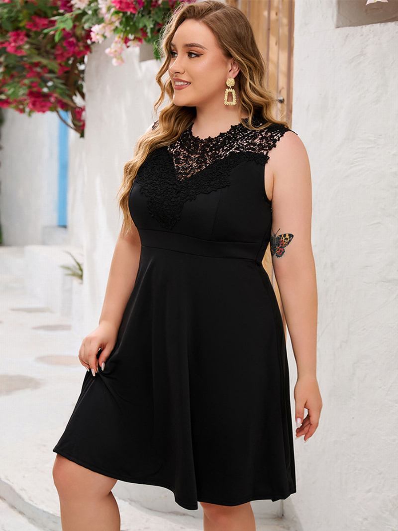 Vestido Feminino Plus Size Com Decote Em Renda Sem Mangas Vestidos Curtos Casuais - Preto