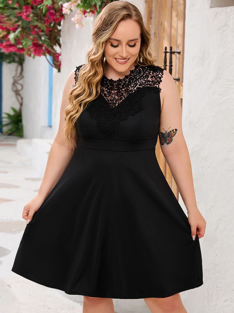 Vestido Feminino Plus Size Com Decote Em Renda Sem Mangas Vestidos Curtos Casuais - Preto