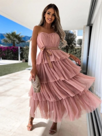 Vestido Feminino Tule Com Babados E Ombros Fora Em Camadas Cinto Vestidos Maxi Para Festa