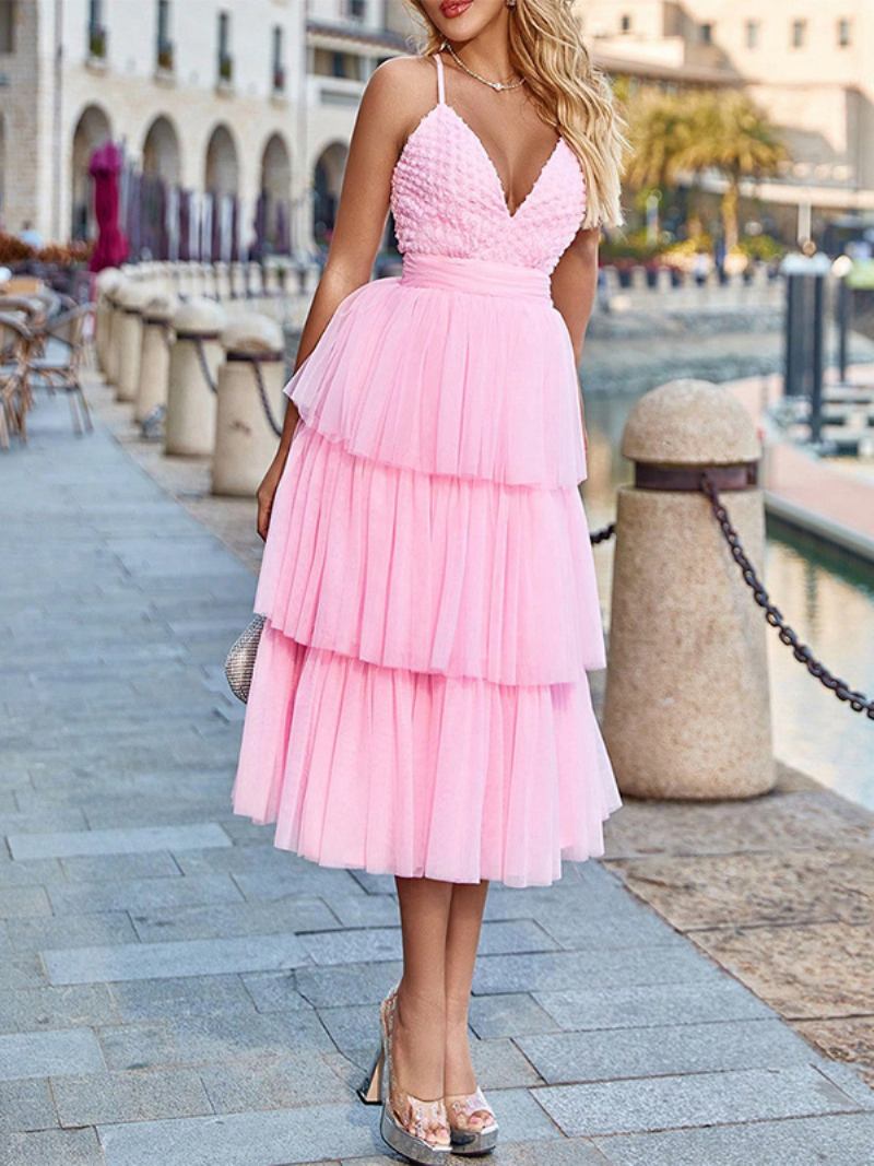 Vestido Feminino Tule Estilo Fada Em Camadas Com Decote V Frente Única Costas Nuas Vestidos Midi Doces - Rosa
