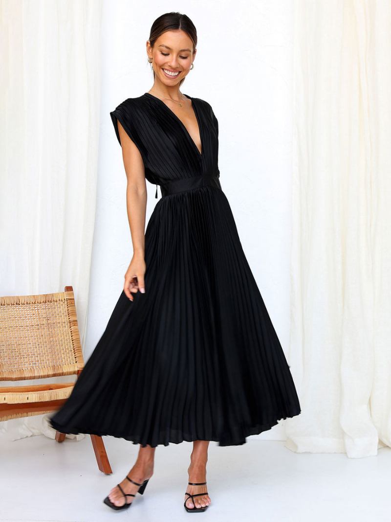 Vestido Midi Feminino Com Decote Em V Sem Mangas Casual Oversized Plissado Baile Festa - Preto