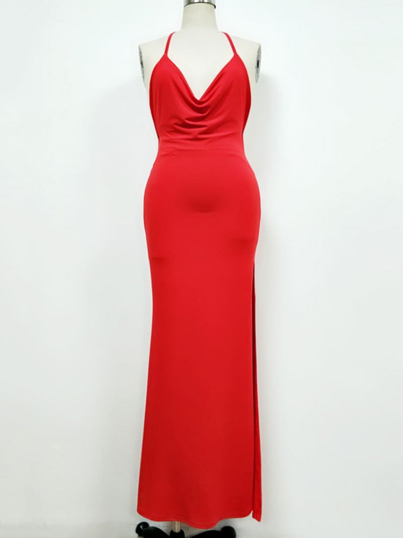 Vestido Noite Feminino Sexy Maxi Halter Sem Costas Dividido Para Festa Aniversário - Vermelho