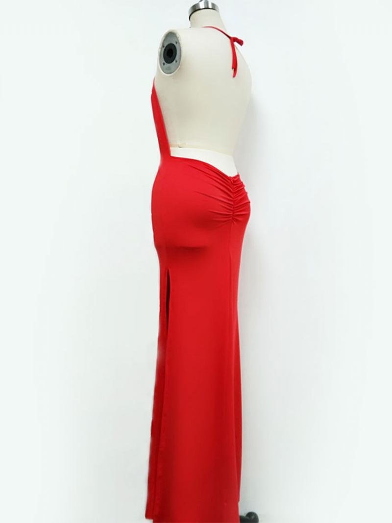 Vestido Noite Feminino Sexy Maxi Halter Sem Costas Dividido Para Festa Aniversário - Vermelho